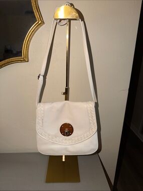 Elliott Lucca White Crossbody Bag with Woven Trim and Gold-Tone Turn Lock
